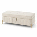banco baúl rectangular tapizado en bouclé crema claro con almacenamiento y patas metálicas doradas 120 x 45 x 45 cm
