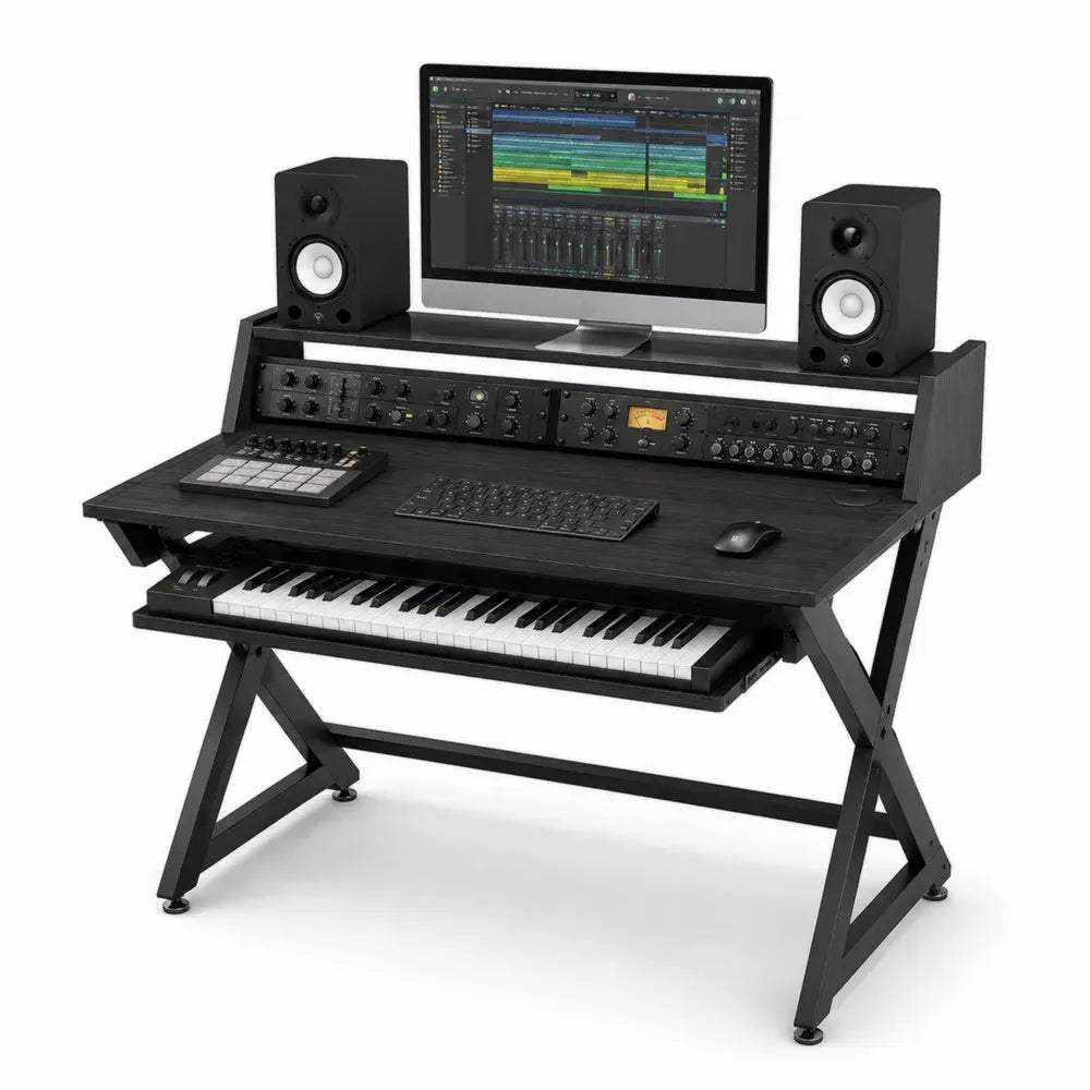 Escritorio de estudio musical rectangular de MDF negro y acero negro de 140 x 60 x 120 cm con bandeja para teclado y soportes elevados