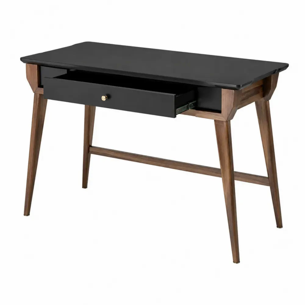 Escritorio rectangular de MDF negro y madera de caucho natural de 120 x 60 x 75 cm con cajón central