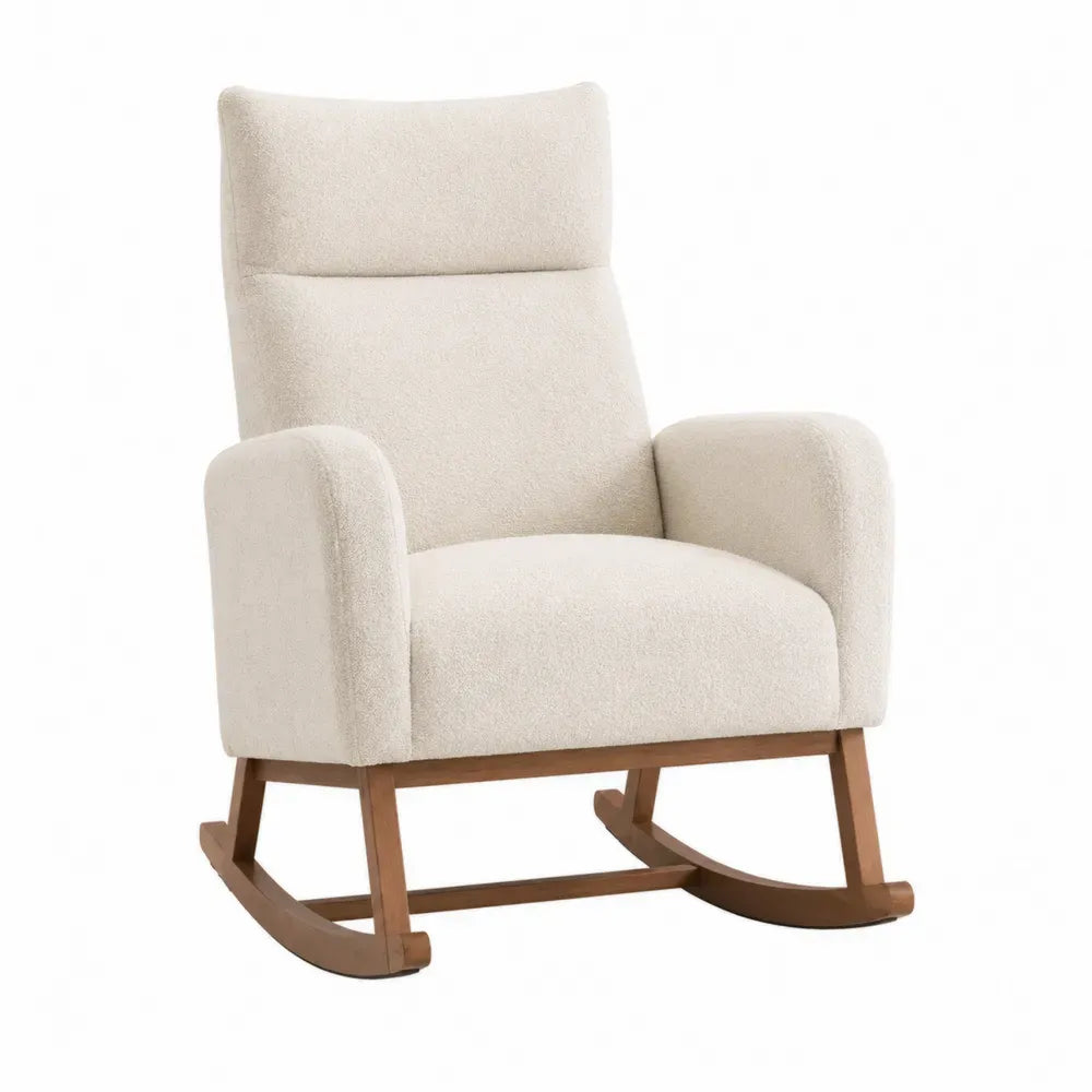 sillón balancín tapizado bouclé crema madera maciza haya base curvada 92 cm alto 70 cm ancho 80 cm profundo reposabrazos integrados 1 plaza