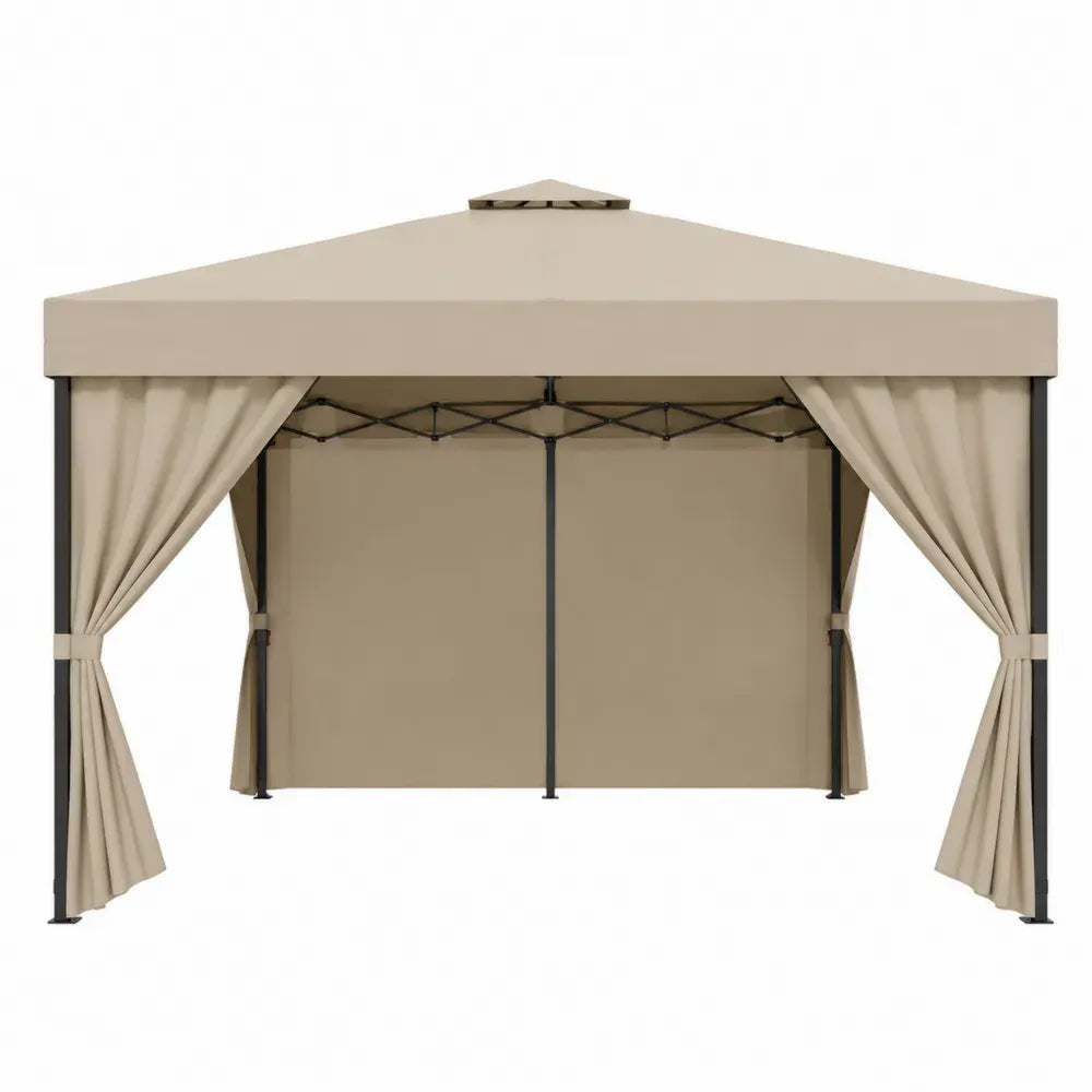 Cenador plegable de exterior 300 x 300 x 260 cm con estructura de acero negro techo de poliéster beige y cortinas laterales