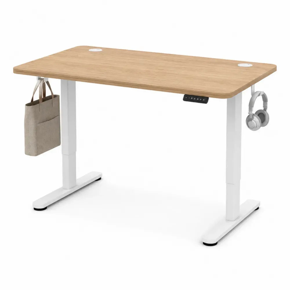 Escritorio eléctrico regulable en altura de MDF con estructura de acero blanco tablero efecto madera natural 120 cm largo 60 cm ancho altura 72-120 cm