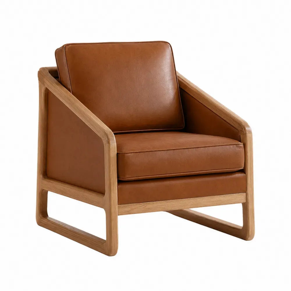 sillón individual tapizado en PU marrón caramelo con estructura de madera de roble y reposabrazos rectos 78 x 76 x 82 cm