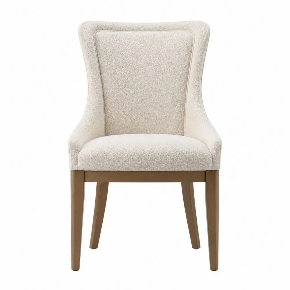 Silla de comedor tapizada en tejido bouclé beige con patas de madera maciza estilo moderno sin dimensiones especificadas
