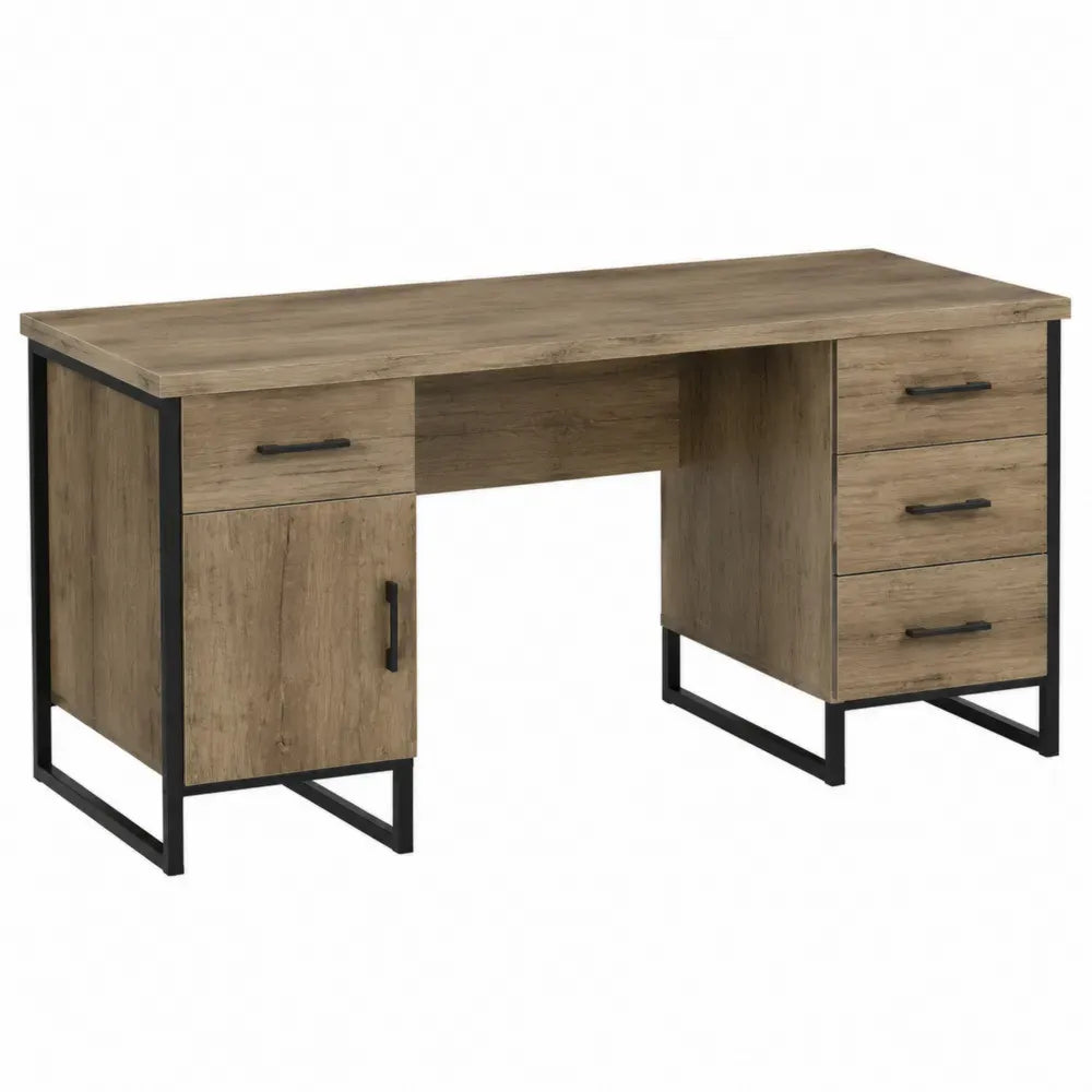 Escritorio rectangular de MDF efecto roble marrón y acero negro de 140 x 60 x 75 cm con 4 cajones y armario lateral
