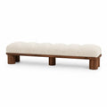 banco tapizado en tejido bouclé crema 180 cm largo 45 cm ancho 45 cm alto con base de madera maciza diseño moderno