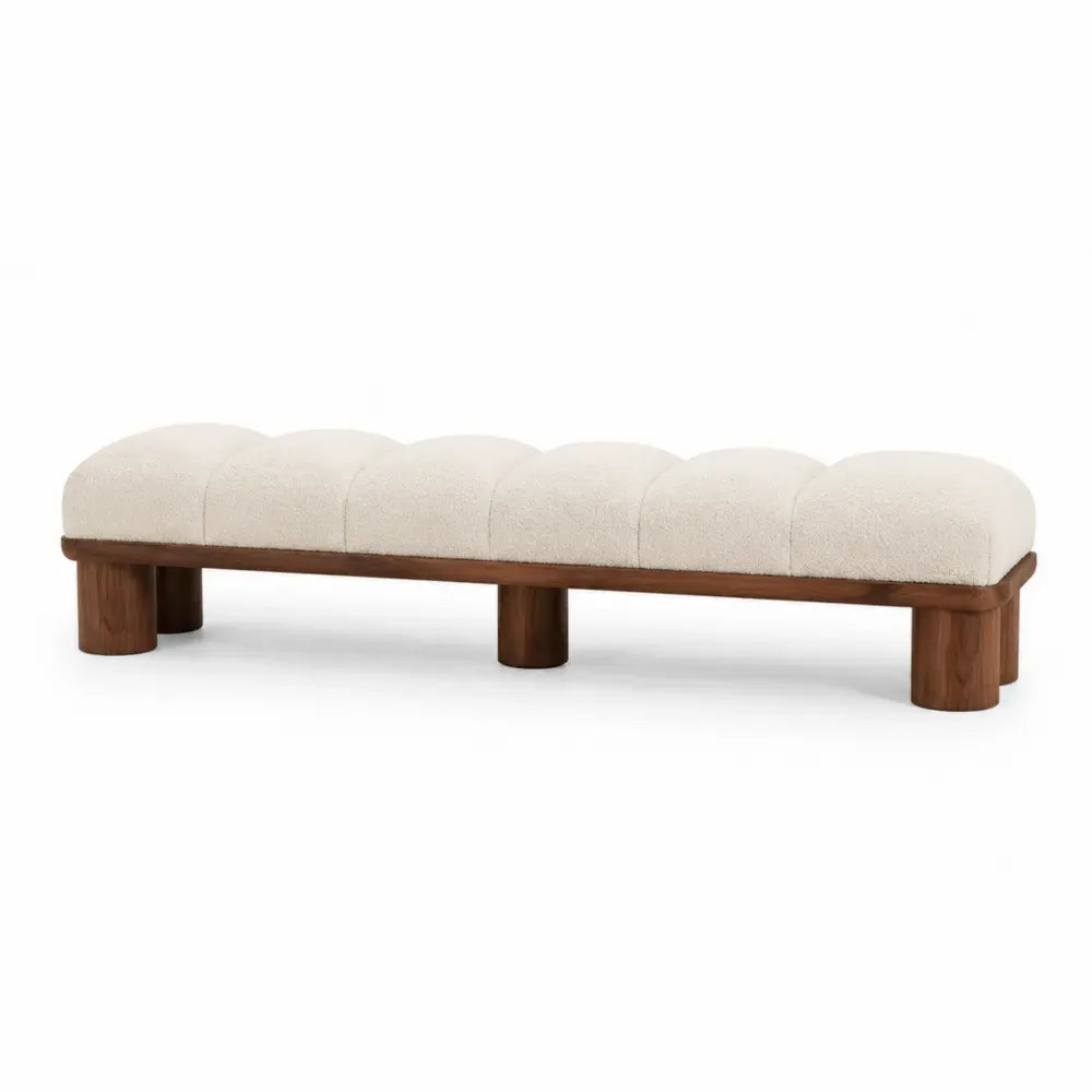 banco tapizado en tejido bouclé crema 180 cm largo 45 cm ancho 45 cm alto con base de madera maciza diseño moderno