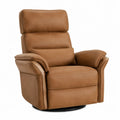 sillón reclinable individual tapizado en PU marrón caramelo con respaldo alto y base circular negra 90 x 85 x 100 cm