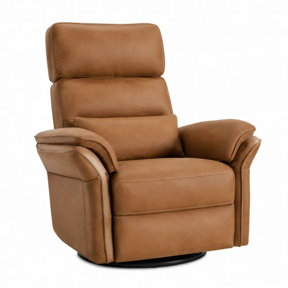 sillón reclinable individual tapizado en PU marrón caramelo con respaldo alto y base circular negra 90 x 85 x 100 cm