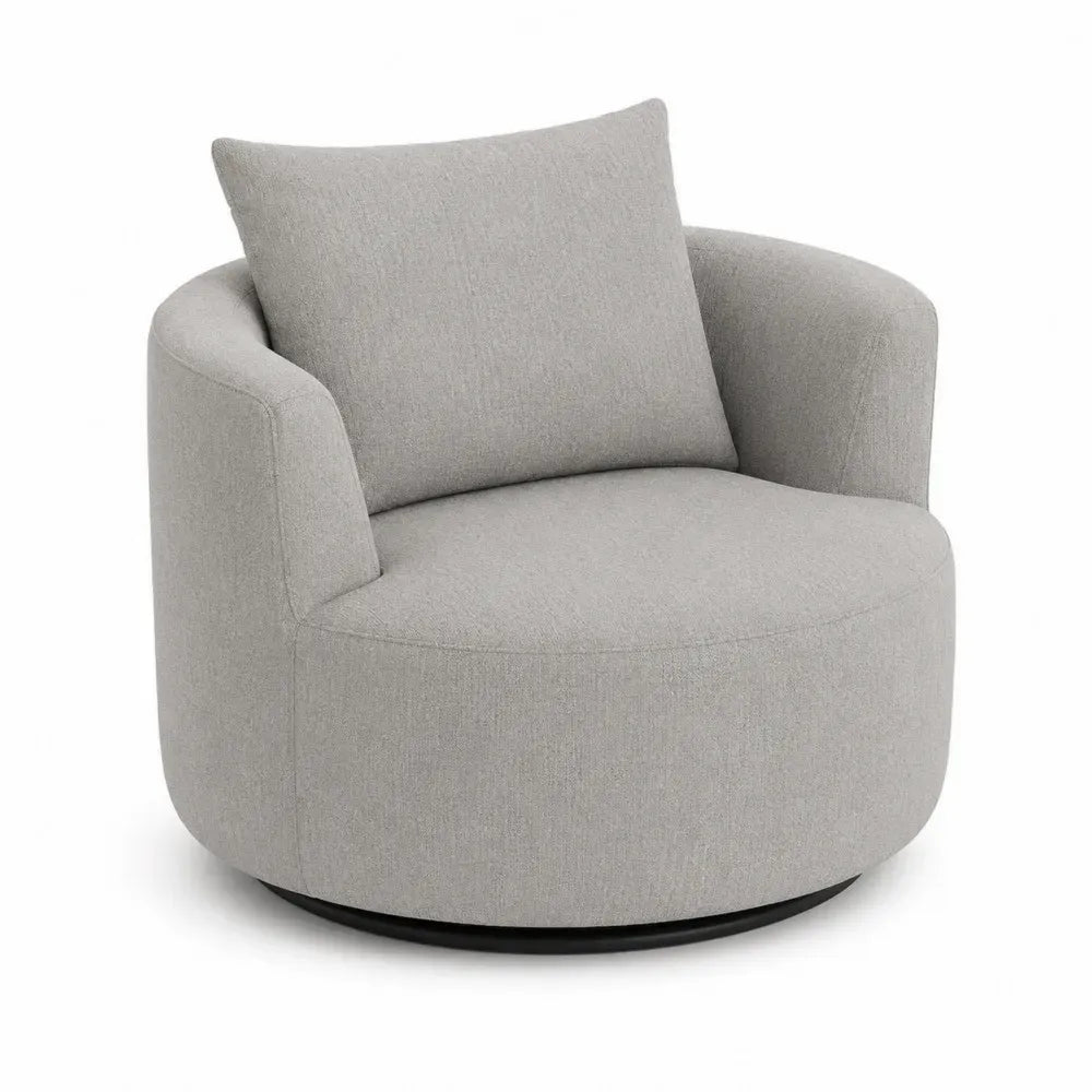 sillón giratorio individual tapizado en tejido de poliéster gris claro con forma redondeada y base metálica negra 80 x 78 x 78 cm