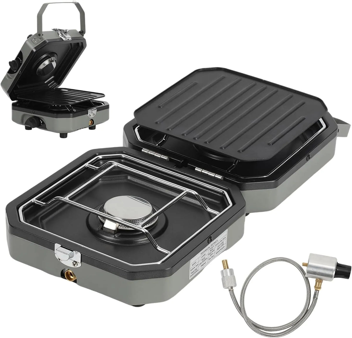 Eikuavons 2-in-1-Gascampingherd 2in-1, Kempinkový kamna Plynový sporák Plynový sporák 2 Plamen skládací kempinkový, Šedá, 14 × 1, 5V, 3, 7kg