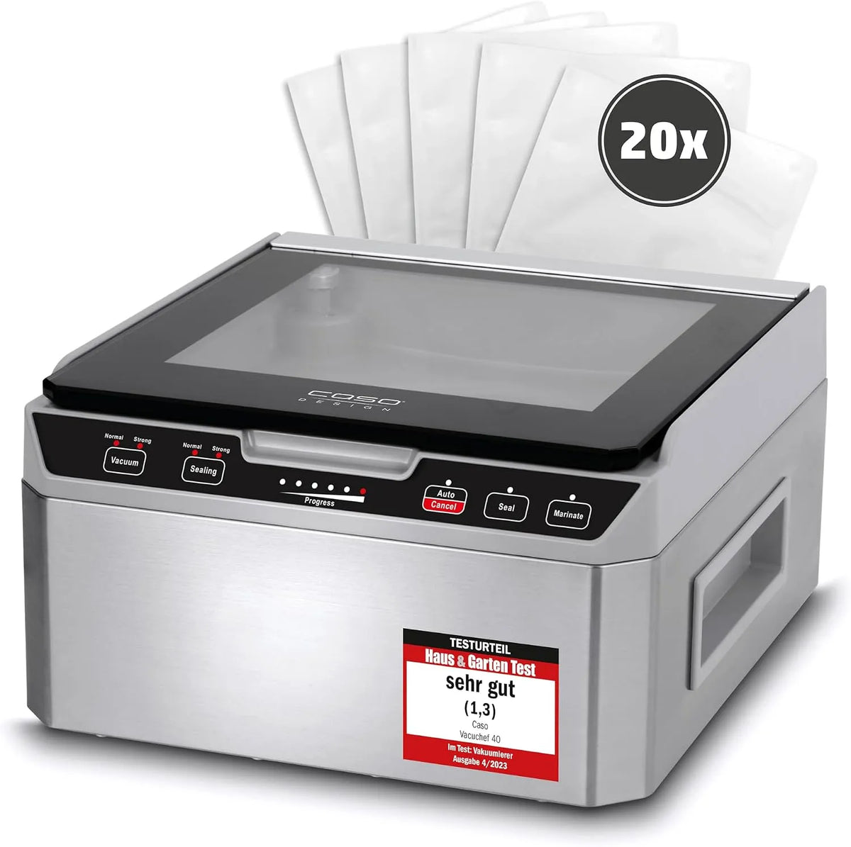 Caso, Elektrické kuchyňské přístroje, VacuChef 40 - Komorní vakuátor z nerezové oceli, 3L vakuová komora 70 l / min, Stříbrná, 3L, 70 l, 1417 L