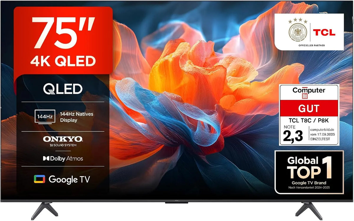 TCL 75T8C, Televizory, 75 palců QLED 4K HDR UHD TV, Smart Google TV Dolby Vision & Atmos, 144Hz Motion, Černá, QLED, 4K, 144Hz, 1144Hz