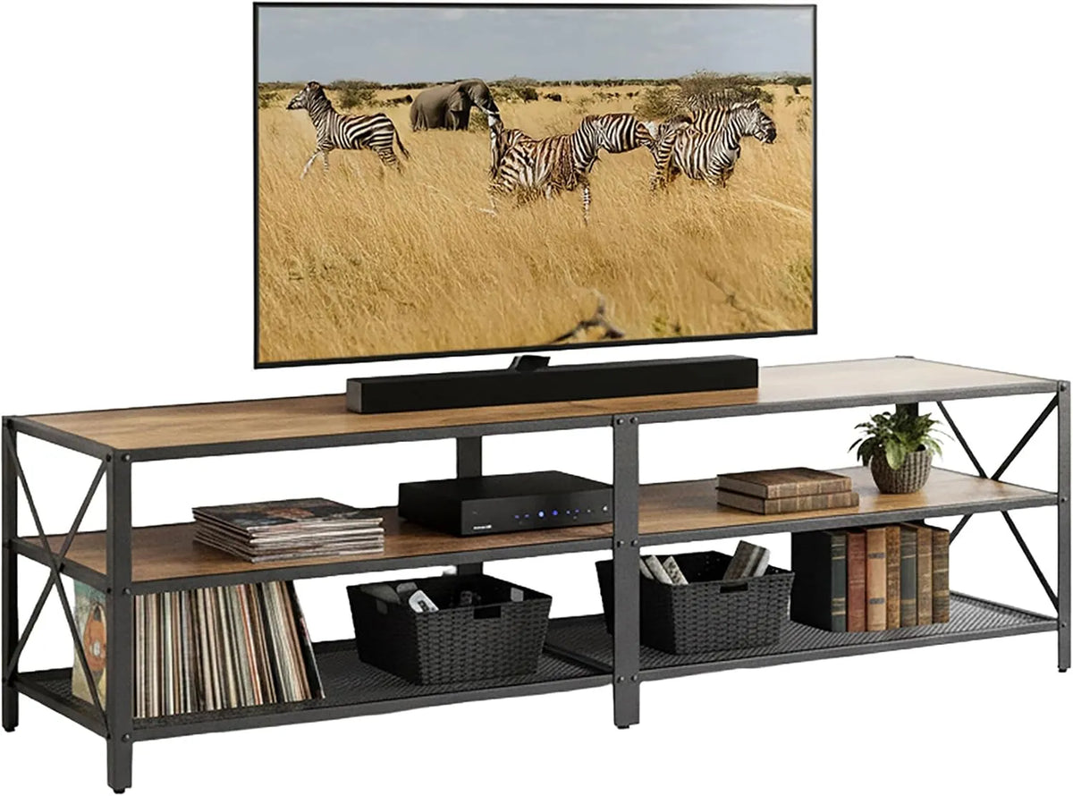 Relaxdays, TV stolky a nízké skříňky, Relaxační TV-Lowboard, 4 přihrádky, otevřená TV police do 75 palců, TV stůl, Hnědá / Černá, 52 x 180 x 39 cm