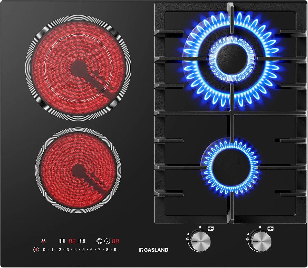 GASLAND GCH604BF, Varné desky, 60 cm Plynový a Glasce keramický Cooktop, Mocný plynový Cooktop 5200 W s, Černá, 60 cm, 5200 W, 2900 W, 2 v