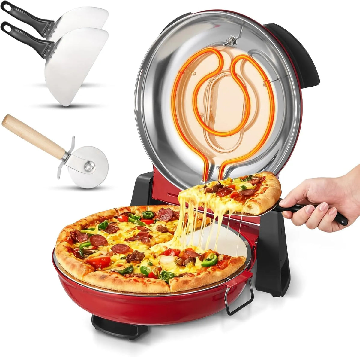VEVOR 5-stufige, Pece na pizzu, Pizza trouba elektrický Pizzamaker 1200 W pizzový sporák s cordieritovým kamenem, Červená, 1200 W, 315 mm