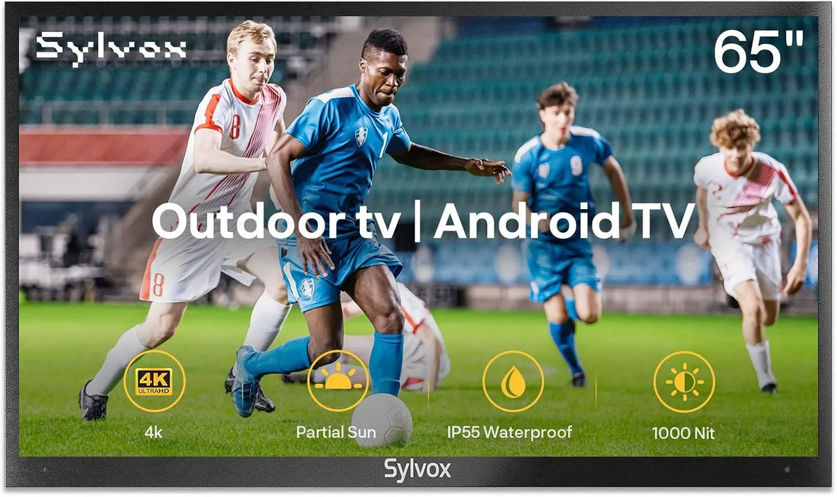 SYLVOX DVB-T2/S2 1000Nits, Televizory, 65 palců Outdoor TV, IP55 vodotěsné, 4K UHD HDR10, Chytrý Android TV s Dolby, Černá, 55 v, 4K