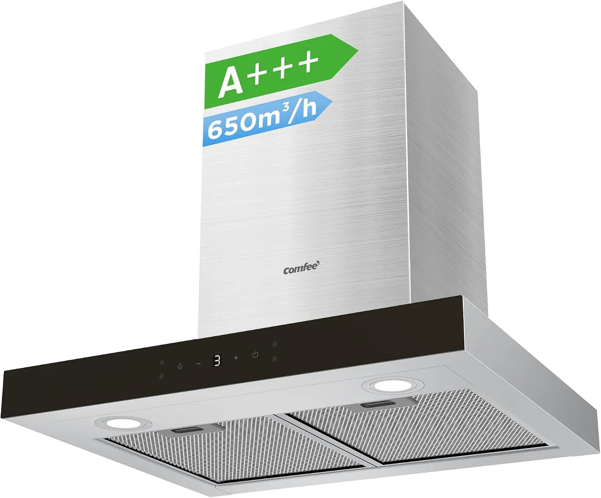 Comfee 650m3 7.6M77A3, Nástěnné digestoře, 60cm Dokovací kapota 60 cm cirkulujícího vzduchu a výfukového vzduchu A + + / h, Černá / stříbrná, 60cm
