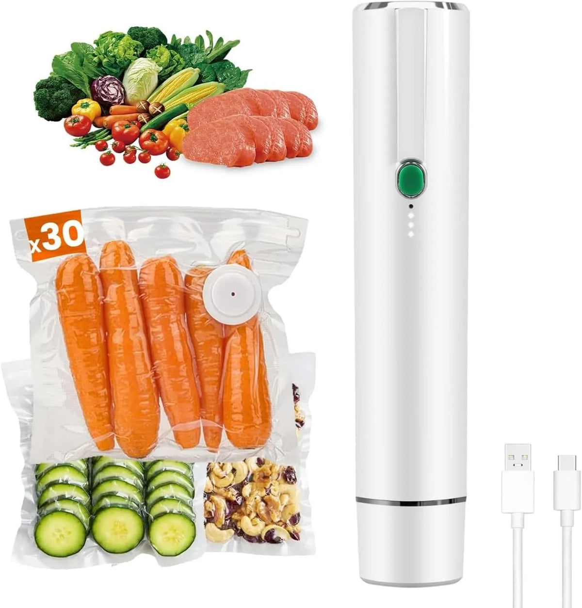 MEIION 55kPa, Zařízení pro svařování filmů, lifmed FreshLock - vakuová jednotka + 30 sáčků zdarma Výkonný bezdrátový ruční, Bílá