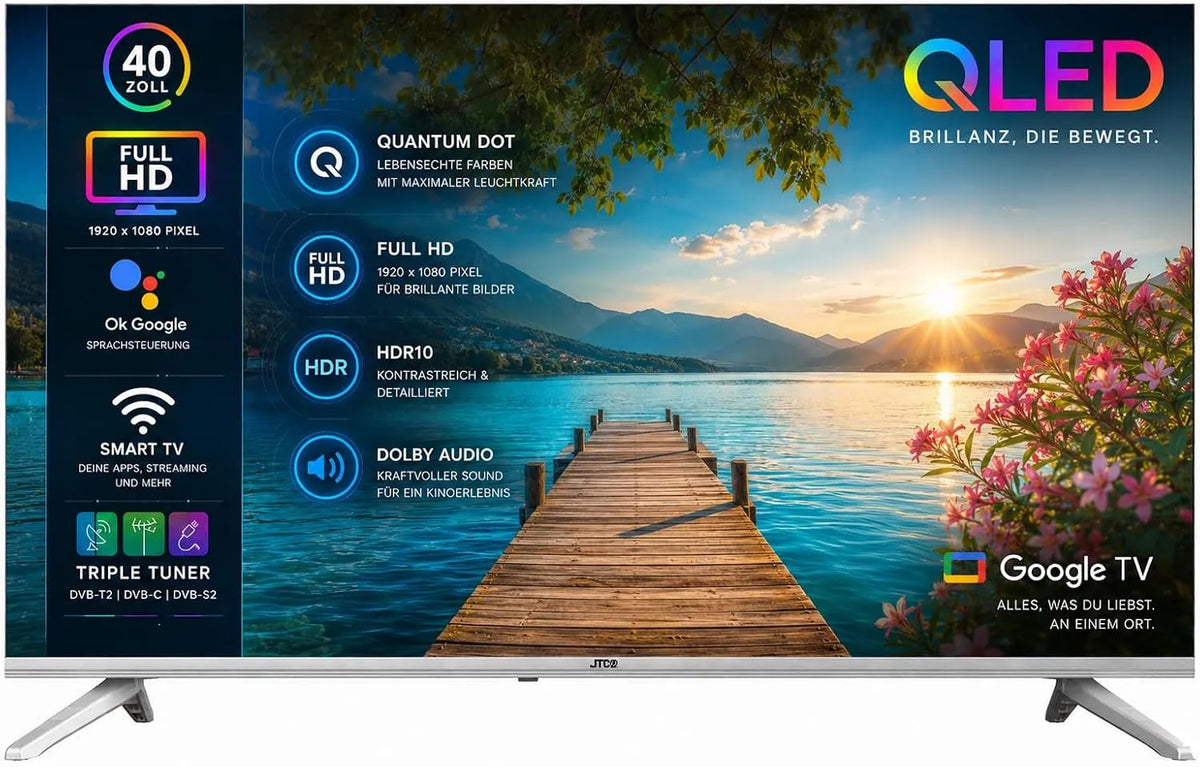 JTC-24 Zoll/100 JTCSQ40F39405G, Přenosné televizory, 40 '(40 palců / 100 cm) QLED Smart TV, Google TV, Android OS, Play Store, Černá, 40 '