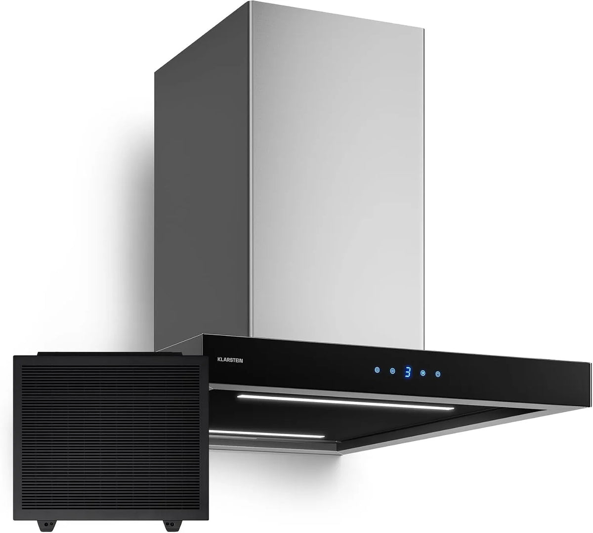 Klarstein, Nástěnné digestoře, Clearstein Valeria Island rozsah kapota - stropní rozsah 632 m3 / h, dotykový, Černá / stříbrná, 23, 7 kW