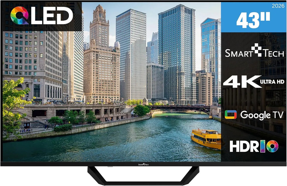 Smart Tech 43QG06V2, Televizory, QLED TV 43 palců Google Smart TV 4K UHD rozlišení, Černá, 06V, QLED, 4K, 108 cm