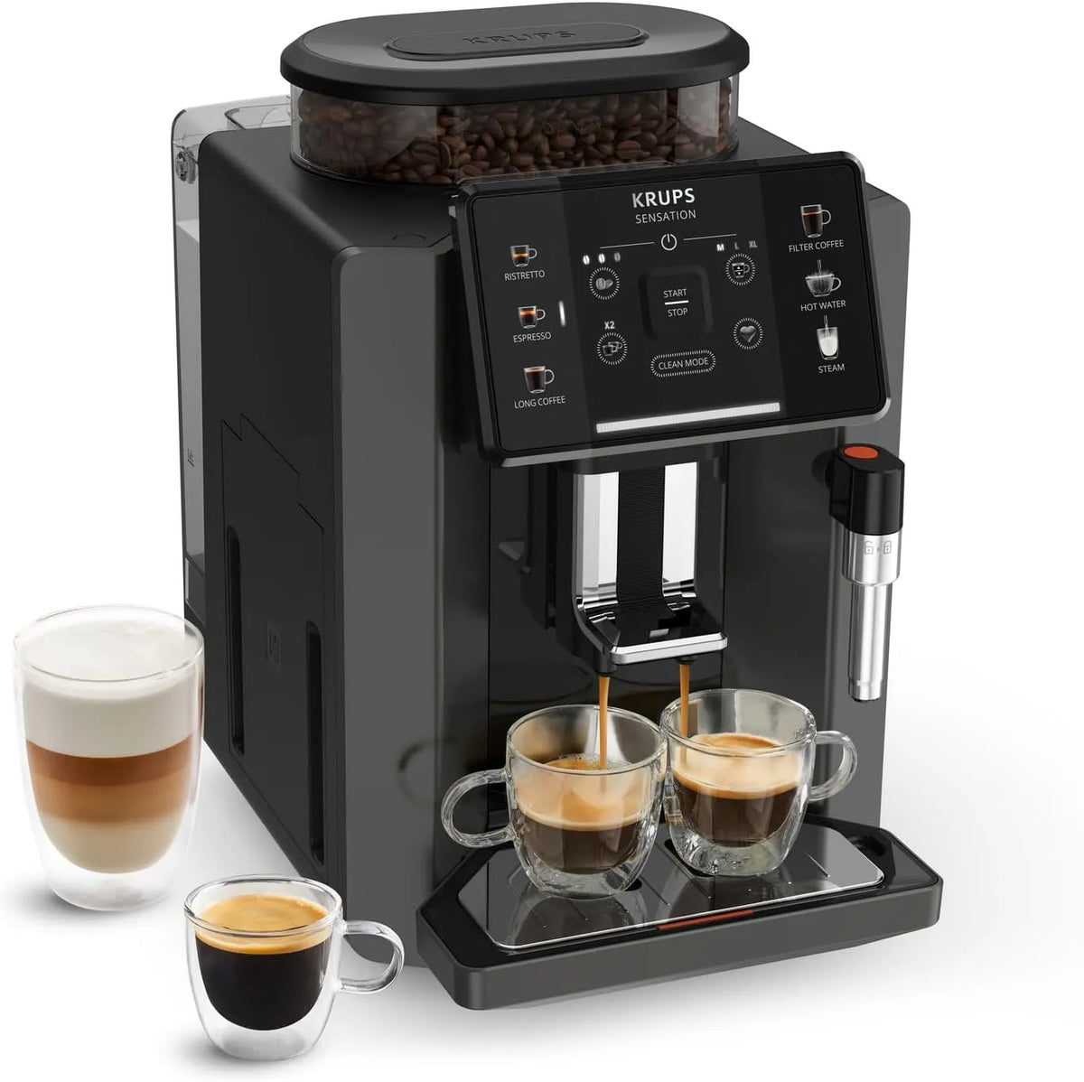 KRUPS 2-Tassen-Funktion 2-Cups, Plně automatické kávovary, Sensation Káva Plně automatická s Mléčnou pěnou tryskou, Kávovar pro Espresso