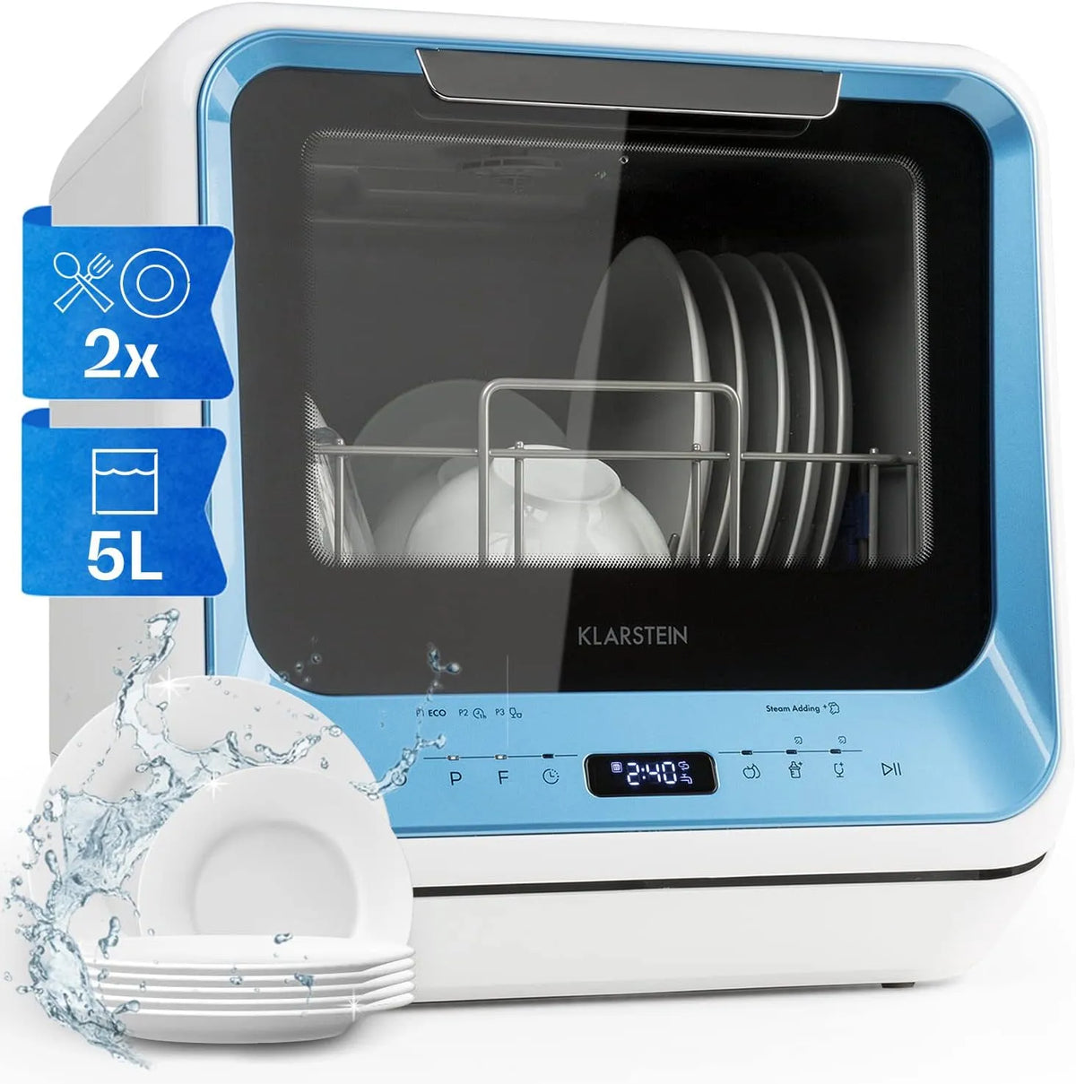 Klarstein, Stolní myčky nádobí, Amazonia Mini Myčka nádobí - Kompaktní stolní myčka s nádrží na vodu, 7 programů, Modrá, 5L, 58dB