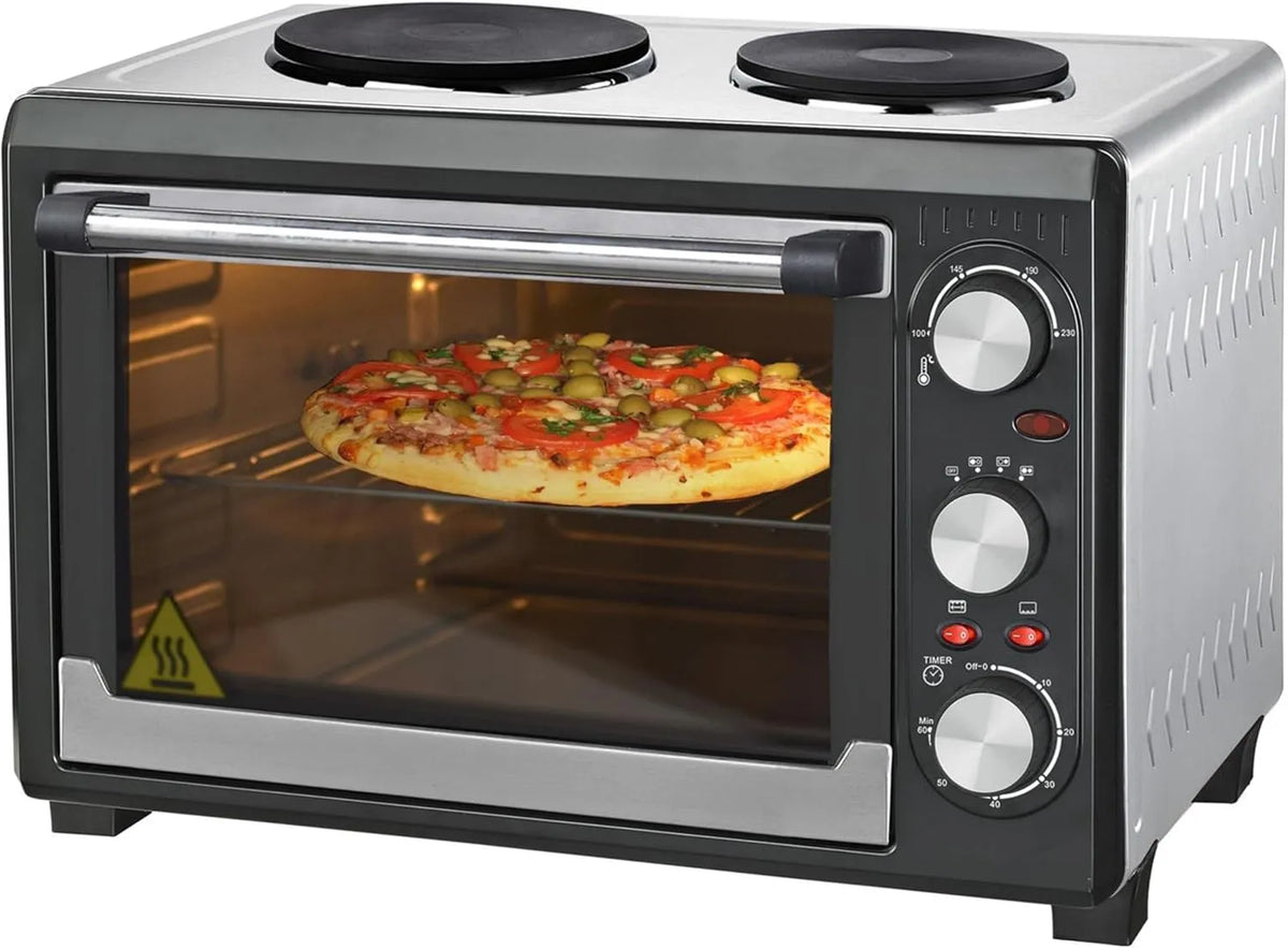 Syntrox Germany, Mini trouby, Syntrox Německo 26 l Mini- pečení trouba 2 horkokrevné desky Etass, Černá / stříbrná, 26 l, 488 x 340 x 336 mm