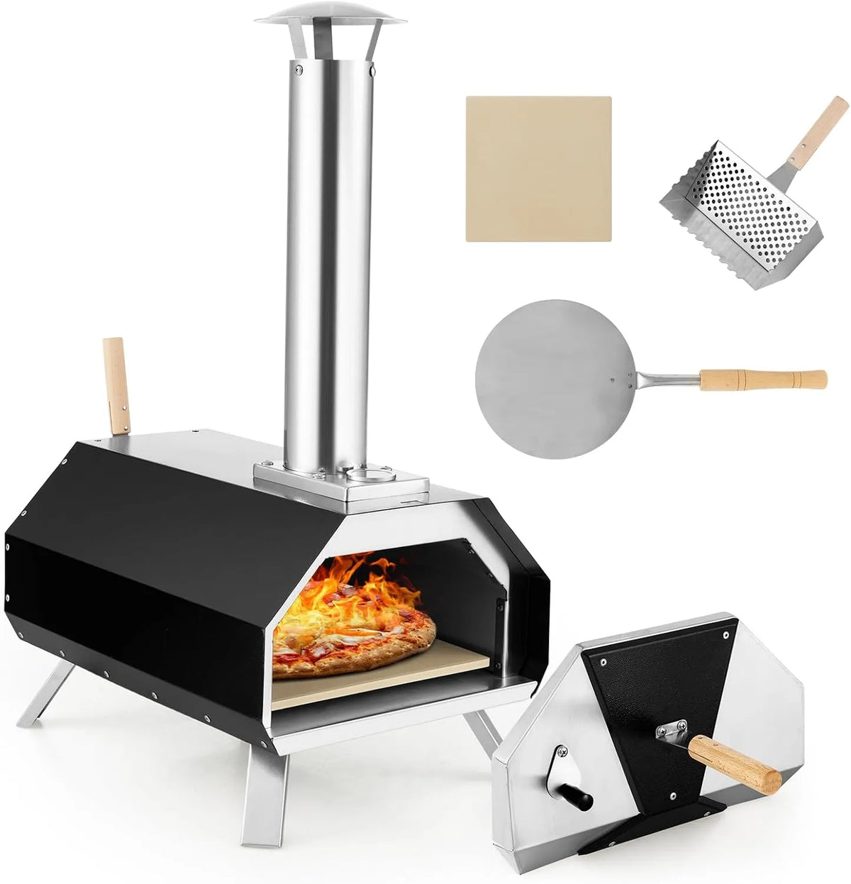KOMFOTTEU, Pece na pizzu, Venkovní pizza trouba KOMFOTTINA, přenosná dřevní trouba s pizzou kamennou pizzou, Stříbrná, 30, 5 cm, 3v