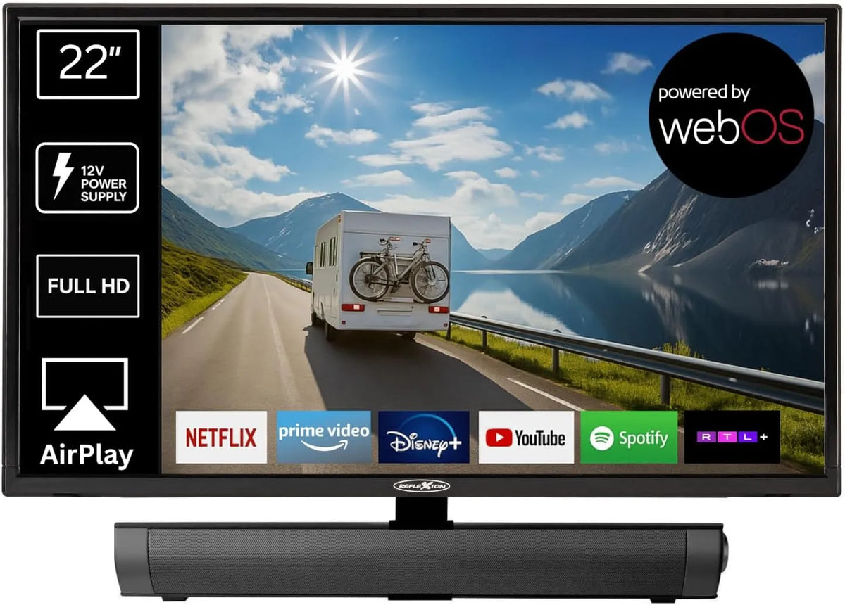 REFLEXION 12V-KFZ-Adapter LED22iBT, Přenosné televizory, Reflection LED2DIBT Smart-TV 22 palců s zvukovým pultem, Full HD, WLAN, Černá, 12V
