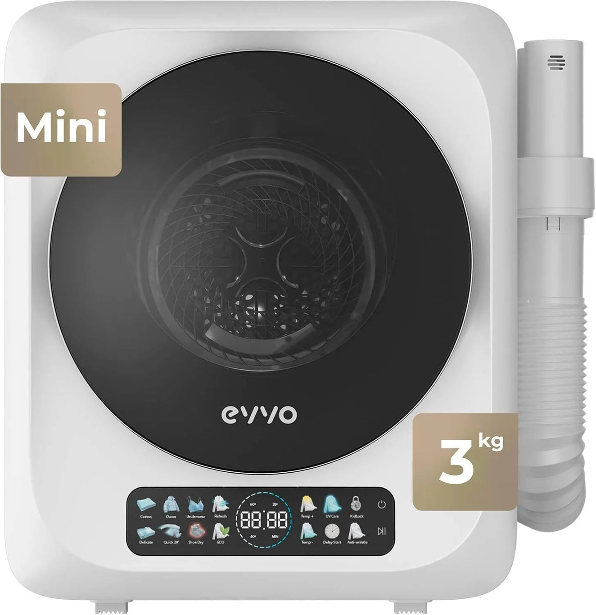EVVO, Sušičky s tepelným čerpadlem, Mini Sušička prádla S4 Plus, přenosný, 3 kg, kompaktní design, dotykový panel, UV, Bílá