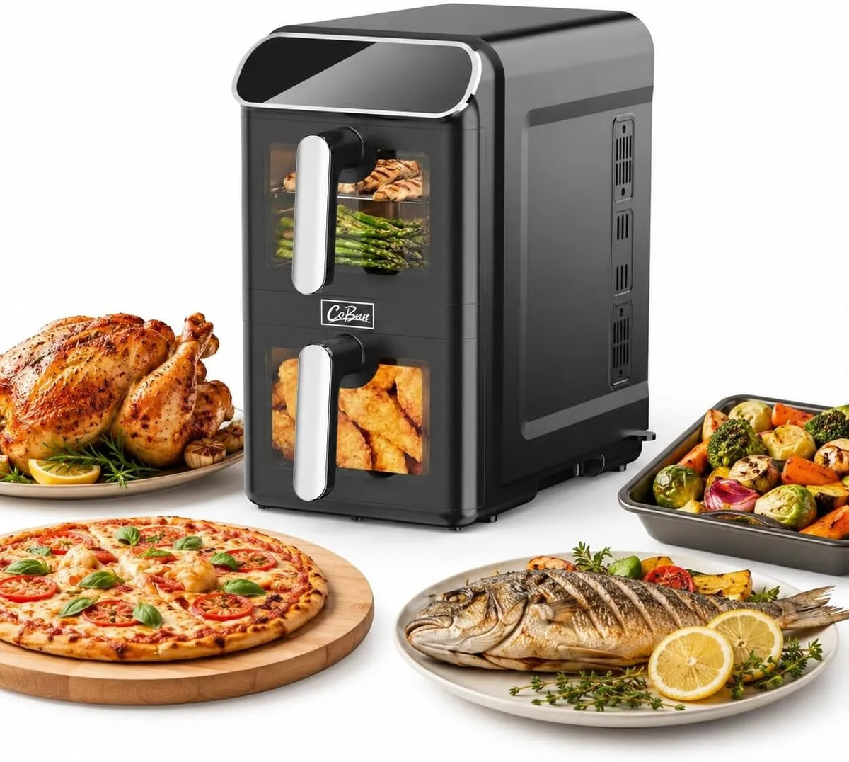COBNN, Horkovzdušné fritézy, 2 komory nad 111L, světelná vertikální dvojitá komora, 2 × 5.5L vzducholoď s, Černá, 111L, 2 × 5, 5L, 2460W