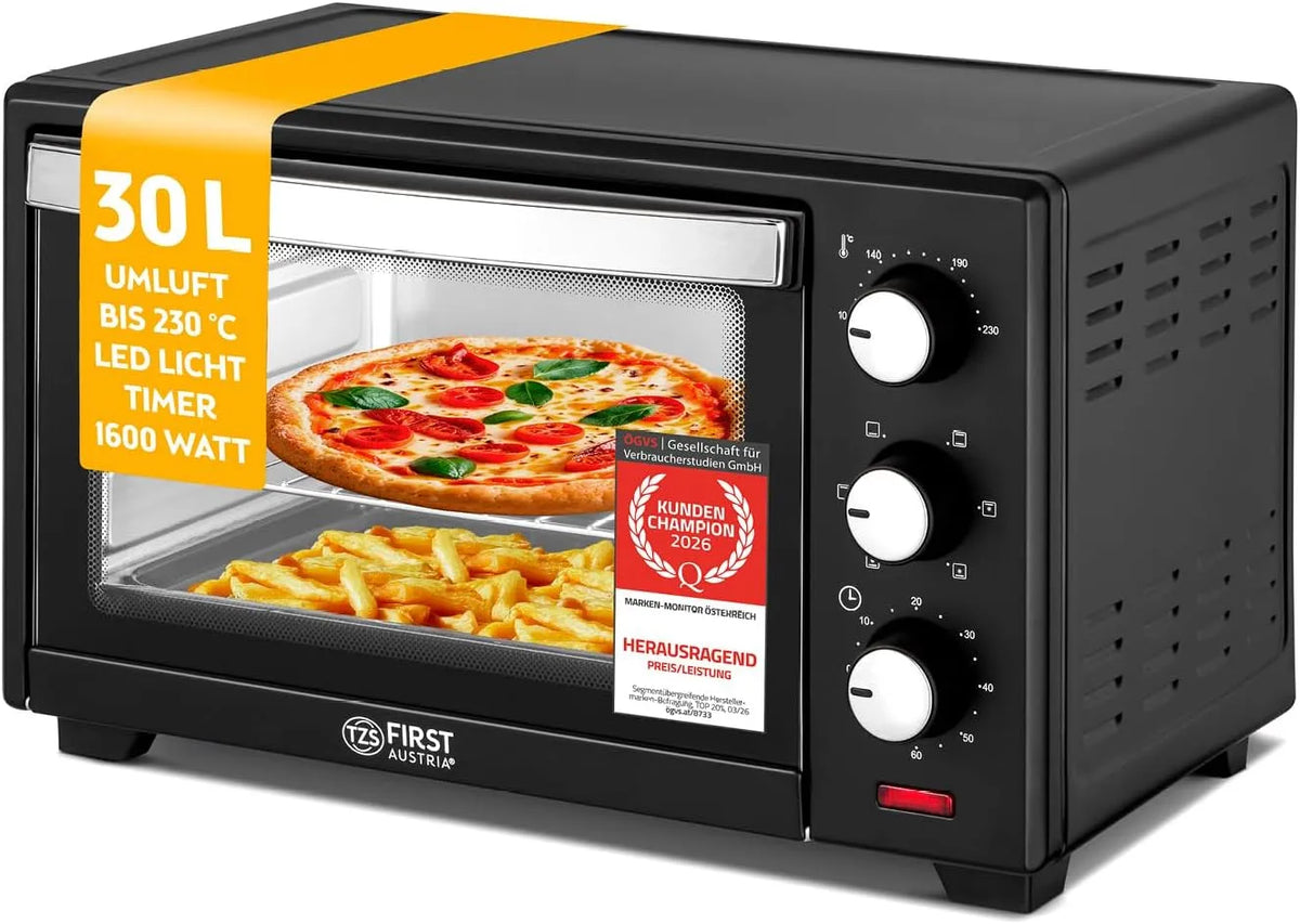 TZS First Austria, Mini trouby, TZS První Rakousko - Minipečící trouba 30L 1600W - Mini Pečící trouba nepřetržitá, Černá / stříbrná, 30L, 1600W