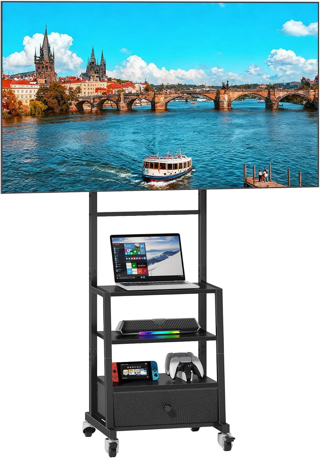 OYRREU, Stojanové nohy, Stojan na Rolling TV s podpěrou a zásuvkou na tkaniny, černý, Černá