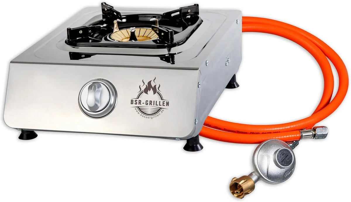 BSR-Grillen 1-flammig, Kempinkové sporáky, Plynový sporák z nerezové oceli s výkonem 5 kW, piezo zapalování, pojistka, Stříbrná, 5 kW, 150 cm