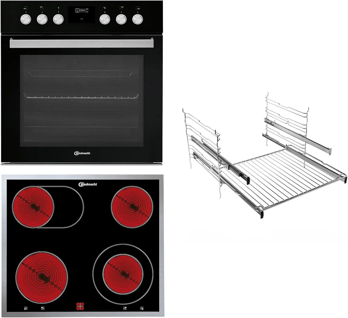 Bauknecht, Pece, varná pole a kapuce, HEKO 566 PYRO černá / built-in sporák s displejem a pyrolýzou / 65 l / kamna na, Černá / stříbrná, 65 l