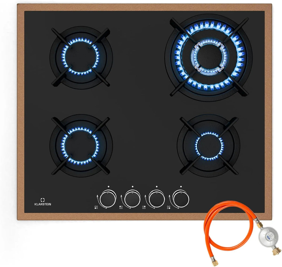 Klarstein 4-Brenner, Varné desky, Lumiflame Gas Kochfeld, 4- hořák, 8 kW, měděný rám & sklo, elektrické zapalování, Černá, 60 cm