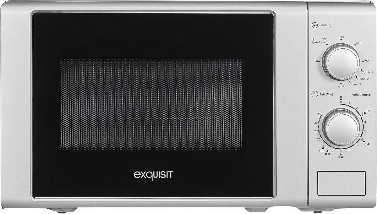 Exquisit, Rotační desky, ® mikrovlnná trouba 700 W, gril s 1000 W, 20 l, točna 25, 5 cm, moderní design, Černá / stříbrná, 700 W, 1000 W