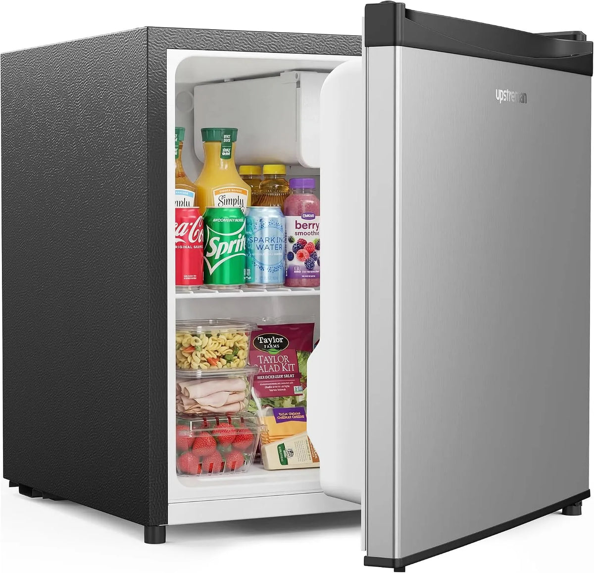 Upstreman Edelstahl-FR17, Minichladničky, Mini Lednice 46L s lednicí, regulace teploty, energetická úspora, dveře stop, Stříbrná, 46L
