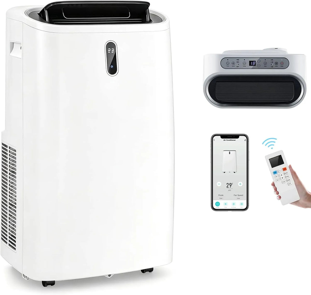 GYMAX, Mobilní klimatizace Mobil 14000 BTU, klimatizace s výfukovou hadicí, Bílá, 14000 BTU, 44, 5 cm, 39 cm, 77 cm