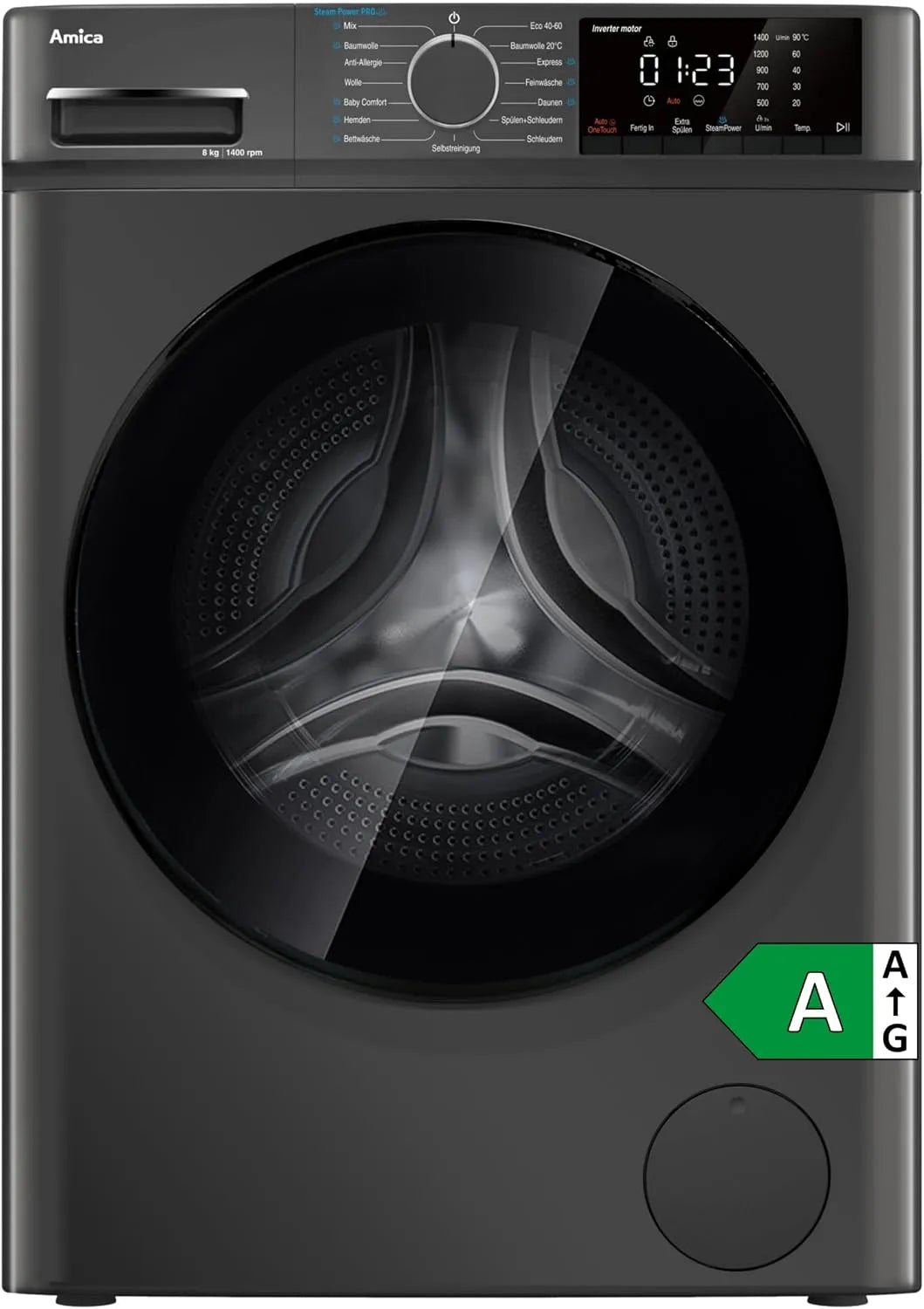 Amica, Pračky, Pračka 8 kg přední nakladač SteamPowerPro Grey WA 4148 G, Šedá, 8 kg, 4148 G