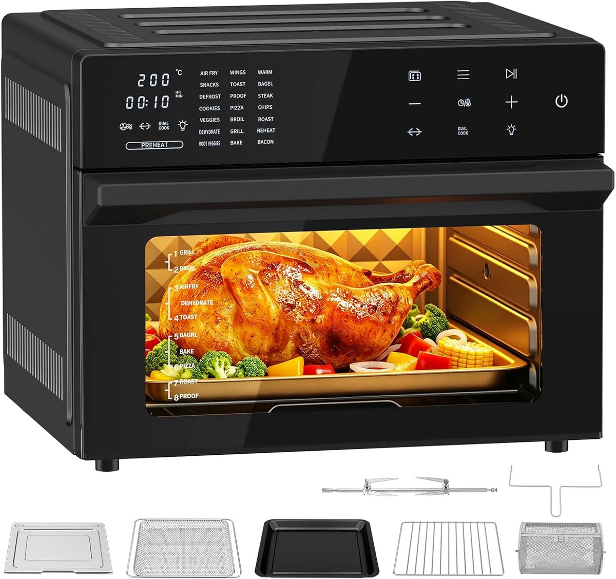 GUIVACI, Horkovzdušné fritézy, Teplý vzduch fritor XXL 30L - teplá trouba s LED dotykovým displejem, cirkulací, Černá, 30L, 1800W, 6 kg, 4 v