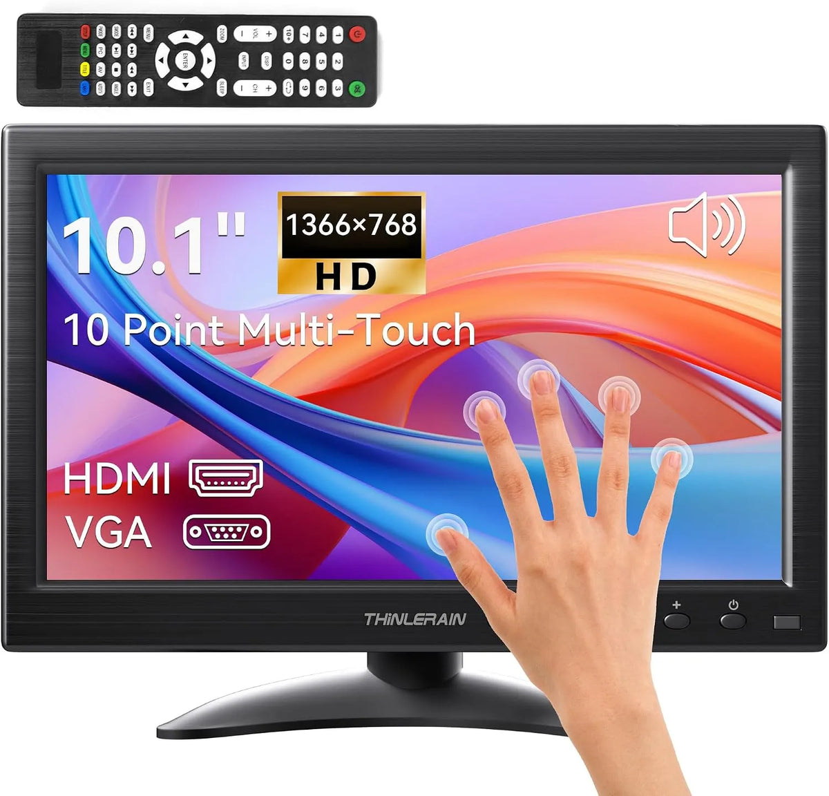 Thinlerain, Monitory, 10.1 palcový monitor dotykového displeje - 1366x768 HD IPS 16: 9, HDMI / VGA /, Černá, 1366x768, 75x75, 1.5W, 75x75 mm