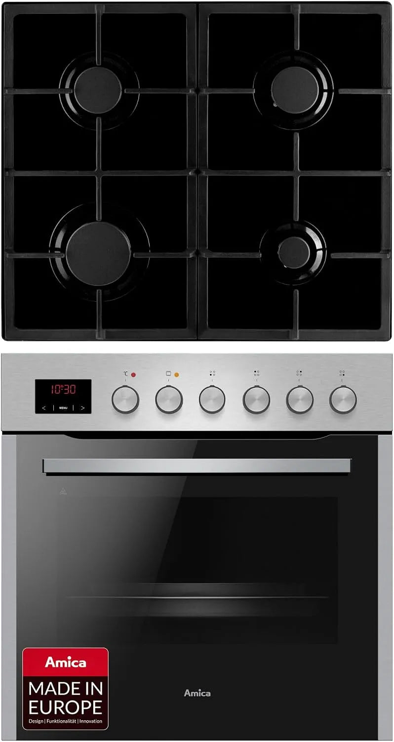 Amica, Sety sporáku a trouby, Sada 60 cm 65 l plynová varná deska z nerezové oceli EHEG 934 112 E, Stříbrná, 60 cm, 65 l, 7, 4 kW