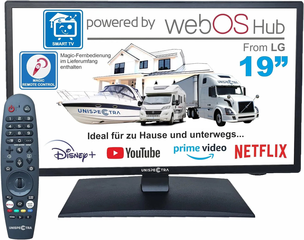 Unispectra Remote.3xHDMI 2xUSB, TV a domácí kino, ® 19 ′ ′ Smart TV (Webos) HDR 230V 24V Triple Tuner: Satelitní, Antenna, Kabelová, Černá, 230V