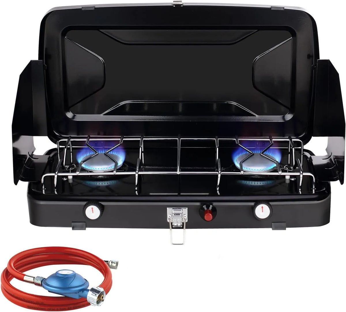 CAMPLUX 2-Flammig JK-8620-DE, Kempinkové sporáky, Camping Kocher 2-Flamig, Kompaktní kempinkové plynové kocher s víkem, Přenosný, Černá, 2400 W