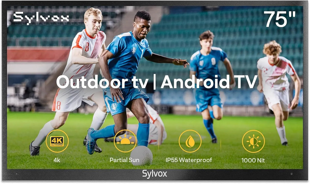 SYLVOX DVB-T2/S2 1000Nits, Televizory, 75 palců Outdoor TV, IP55 vodotěsné, 4K UHD HDR10, Chytrý Android TV s Dolby, Černá, 55 v, 4K