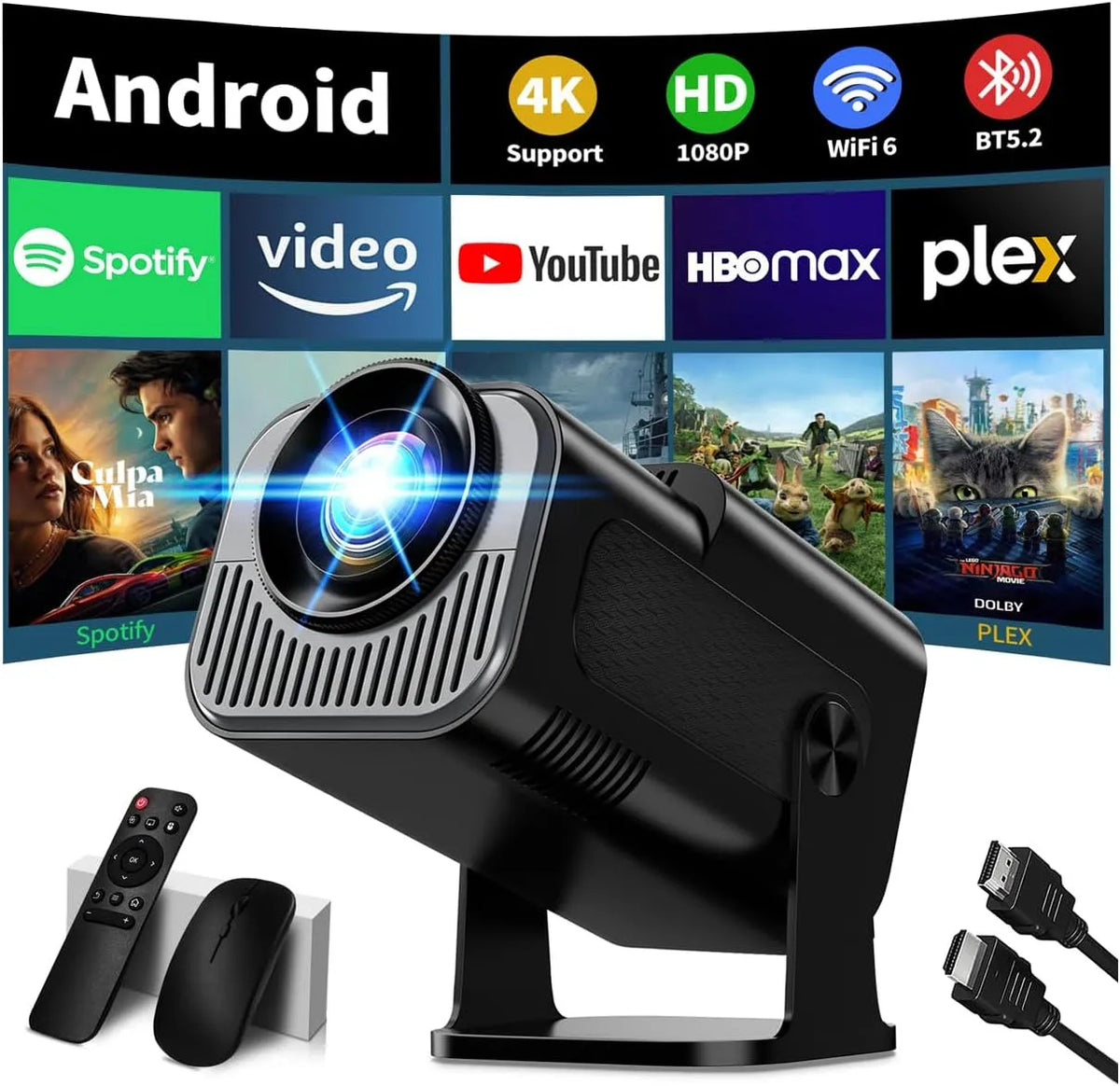 Nonete 1080P, Projektory, Mini Beamer Podporuje 4K, Projektor Přenosný s WiFi 6 a Bluetooth 5.2, Beamer, Černá, 4K, 6 G
