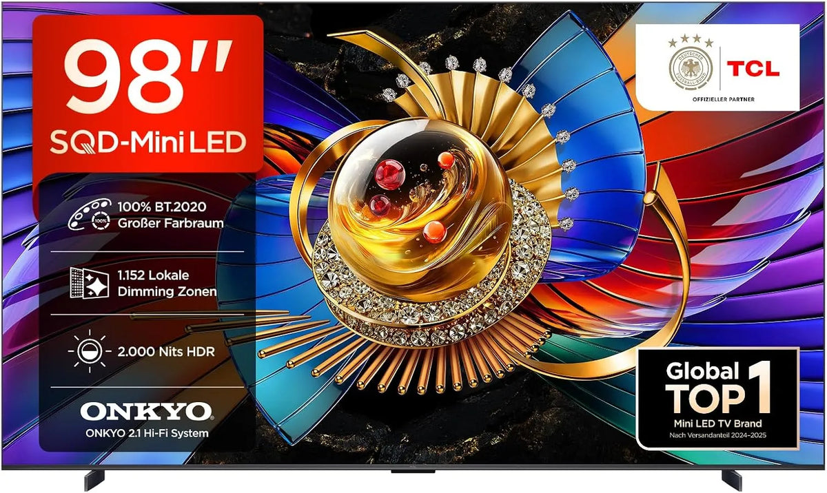 TCL 98Q7D, Přenosné televizory, Pro SQD mini LED 98 palců TV, 4K Smart TV, Google TV, Černá, mini LED, 4K, 144 Hz, 288 Hz